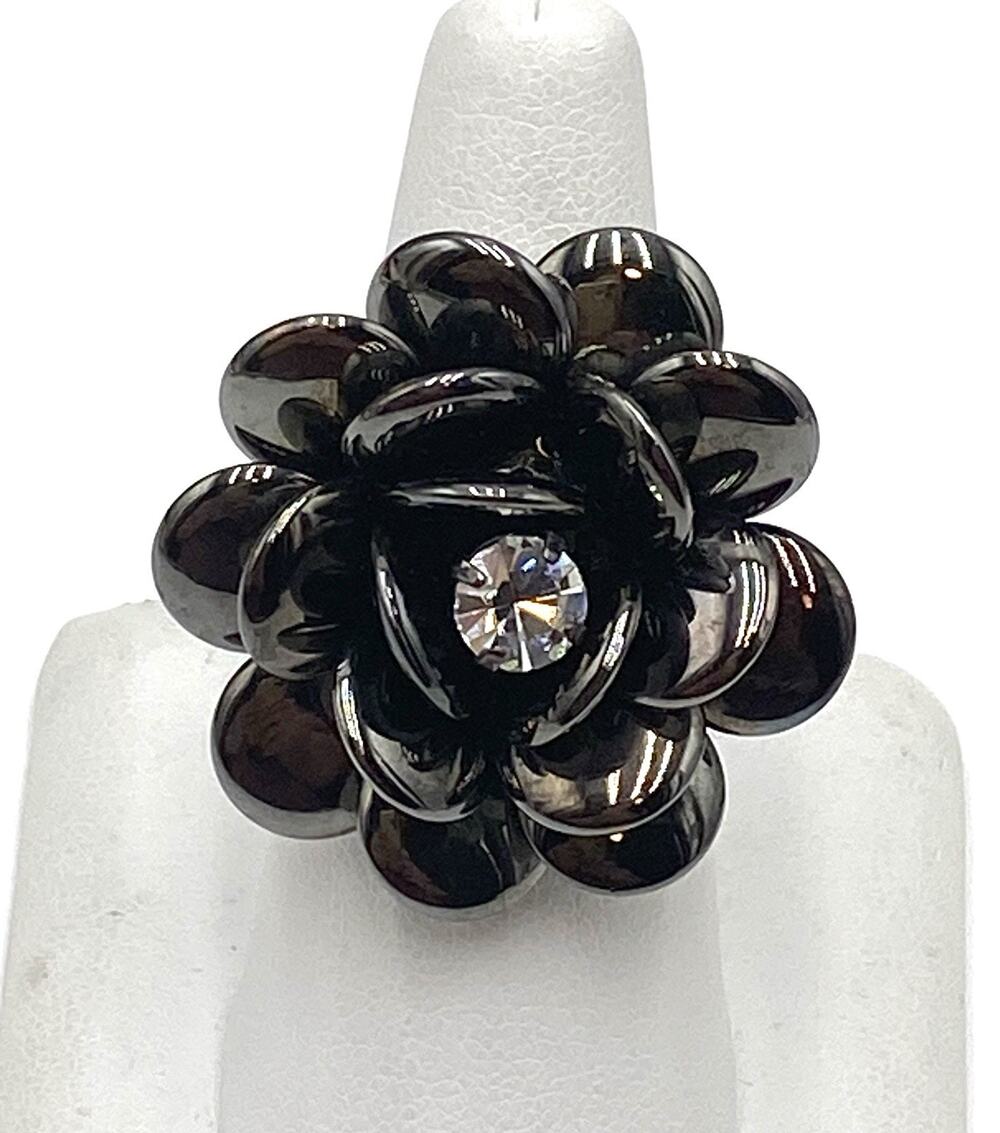 Joan Rivers Ring Black Enamel Floral Clear Rhinestone Center Signed Size 8